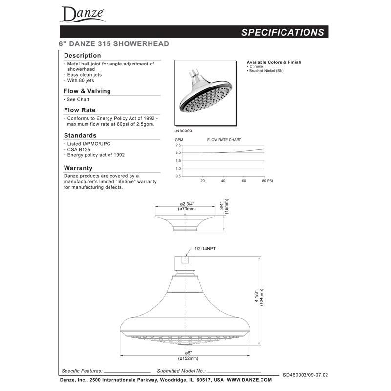 Danze Brushed Nickel 6-Inch Modern 315 Shower Head - High Pressure Rainfall Shower for Bathroom Spa & Luxury Home Upgrade