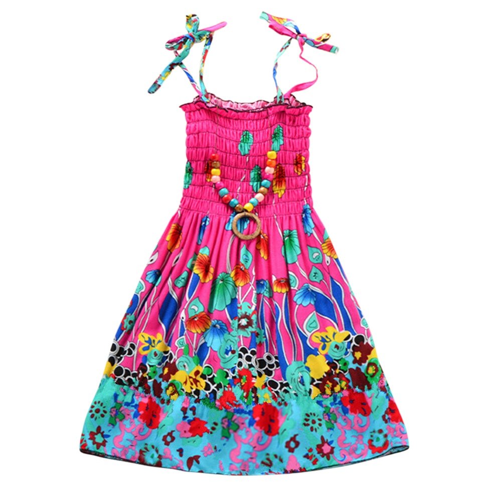 ESHOO Girls' Summer Vacation Beach Dress with Matching Necklace - Cute Floral Print Sundress for Kids, Perfect for Beach Holidays, Pool Parties & Family Outings
