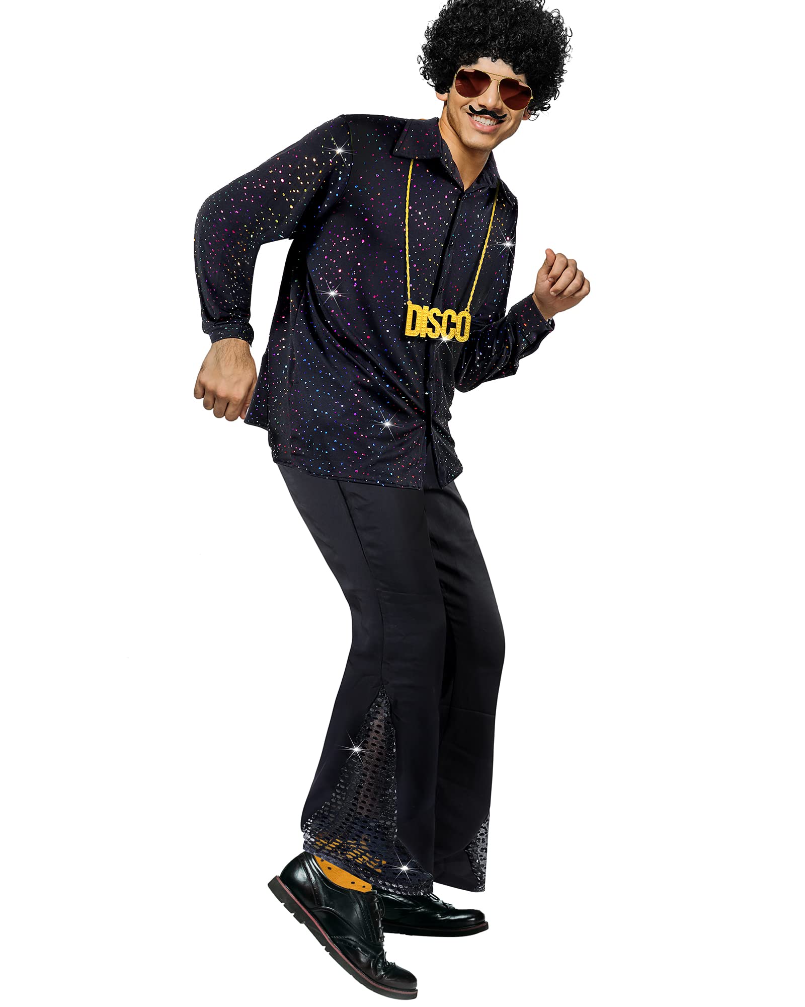 Vintage 70s Disco Costume for Men - Bell Bottom Pants, Retro Shirts, Wigs, Necklace & Mustache Sunglasses | Perfect for Halloween, Theme Parties & Disco Dance Nights