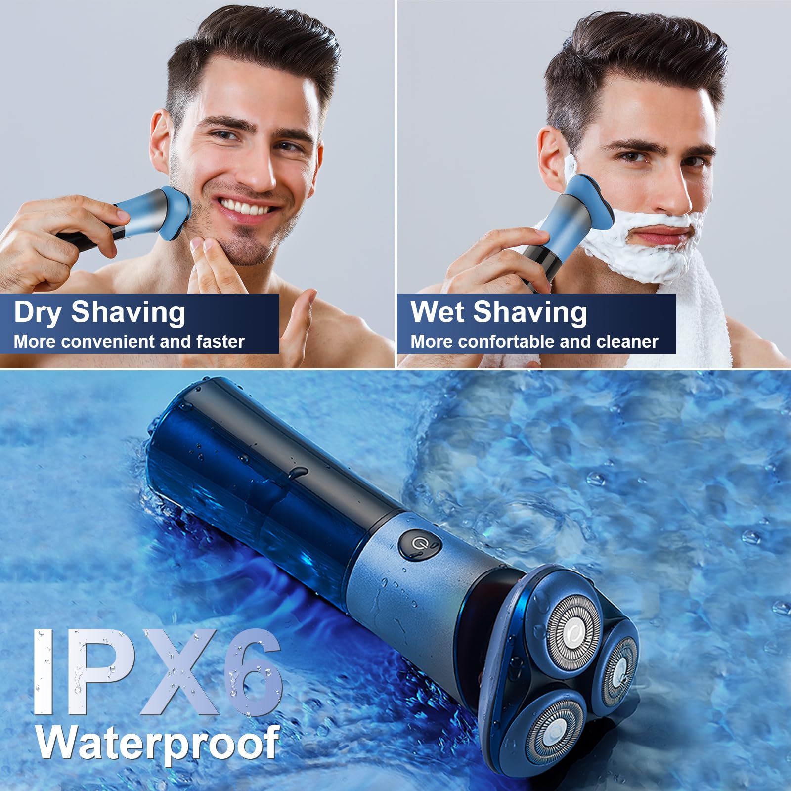 Men's Electric Razor - SOPPY Cordless Rechargeable Wet/Dry Shaver with 360° Magnetic Head, IPX7 Waterproof for Smooth Shaving | Perfect Gift for Husband, Dad (Birthday, Christmas) | Ideal for Travel, Gym & Daily Use - Blue