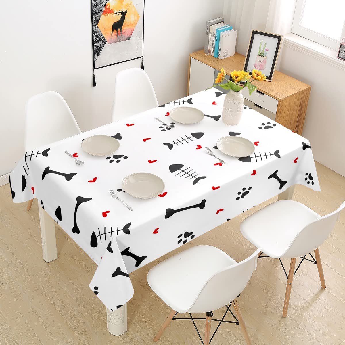 Fish Bones Print Washable Tablecloth - Cute Animal Paws Design for Dining, Picnic & Home Decor - Rectangle/Oblong 55 x 71 Inch - Perfect for Parties, Outdoor Events & Kitchen Decorations