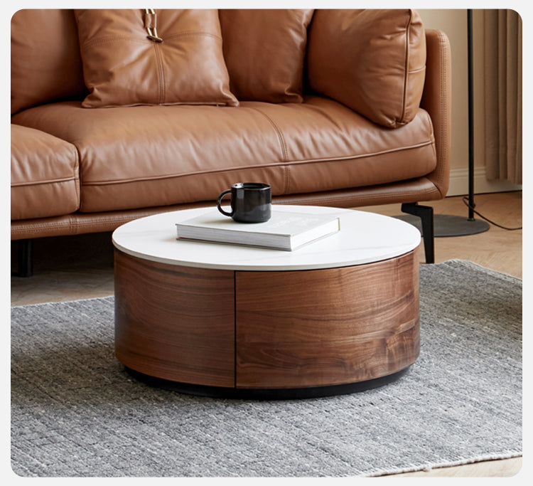 Premium Black Walnut Solid Wood Round Coffee Table - Modern Luxury Rock Plate Design for Living Room, Lounge & Office Decor