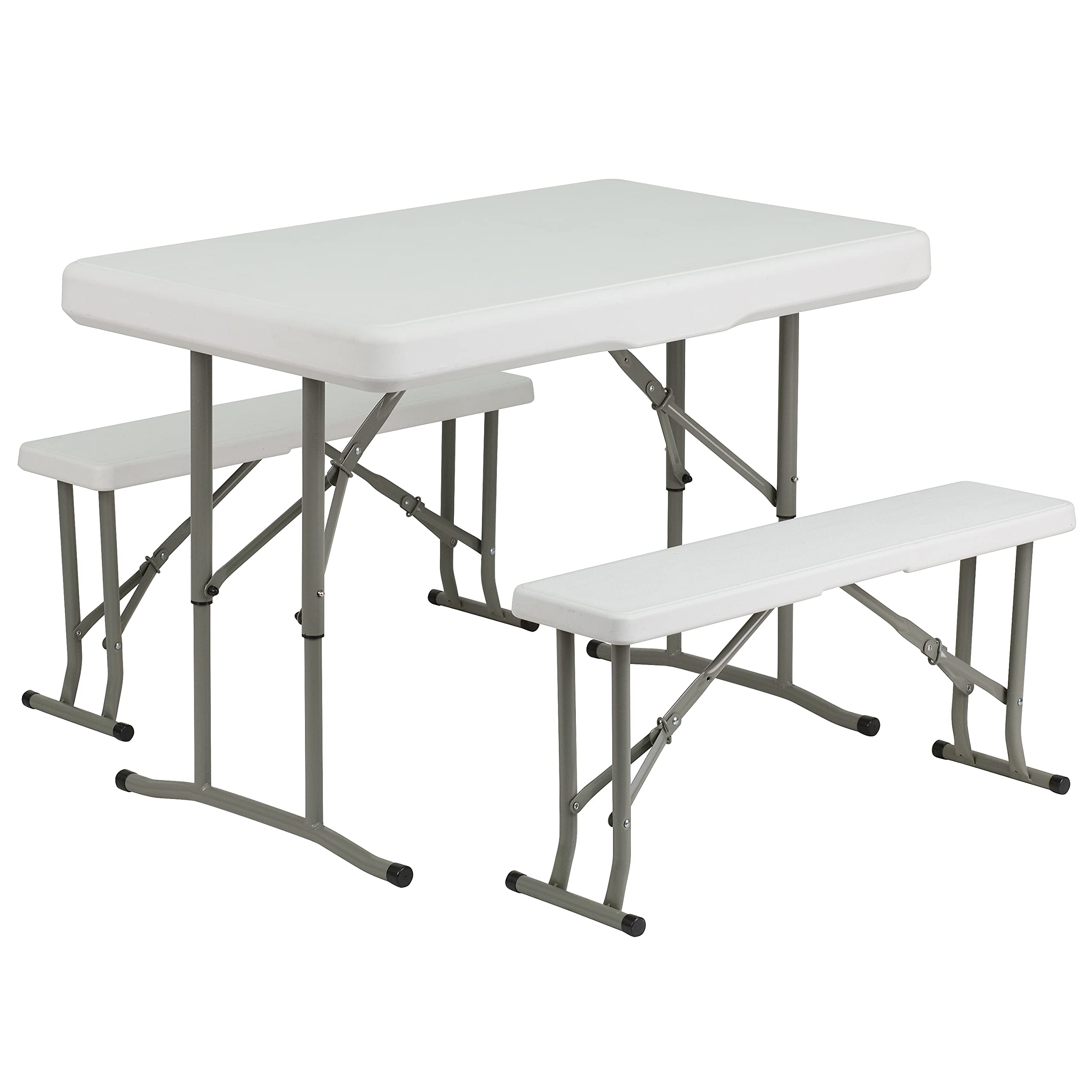 Flash Furniture Rowan 3-Piece Portable Plastic Folding Bench and Table Set - Granite White | Indoor/Outdoor Patio, Picnic, Camping & Backyard Furniture Set