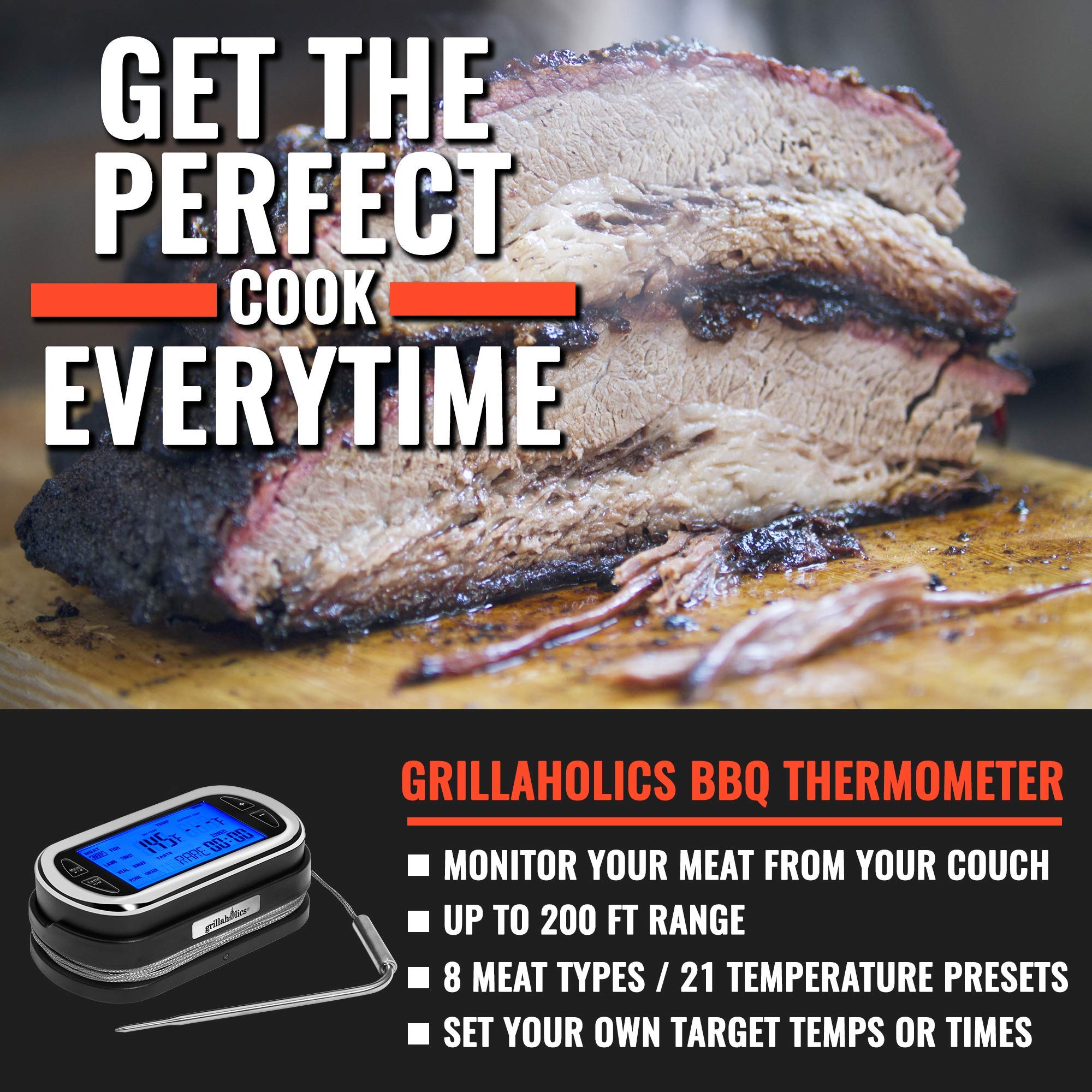 Grillaholics Premium Nonstick BBQ Grill Mats (2-Pack) with Wireless Meat Thermometer & Bristle-Free Grill Brush Set – Perfect for Outdoor Grilling, Backyard BBQs, and Camping Cooking