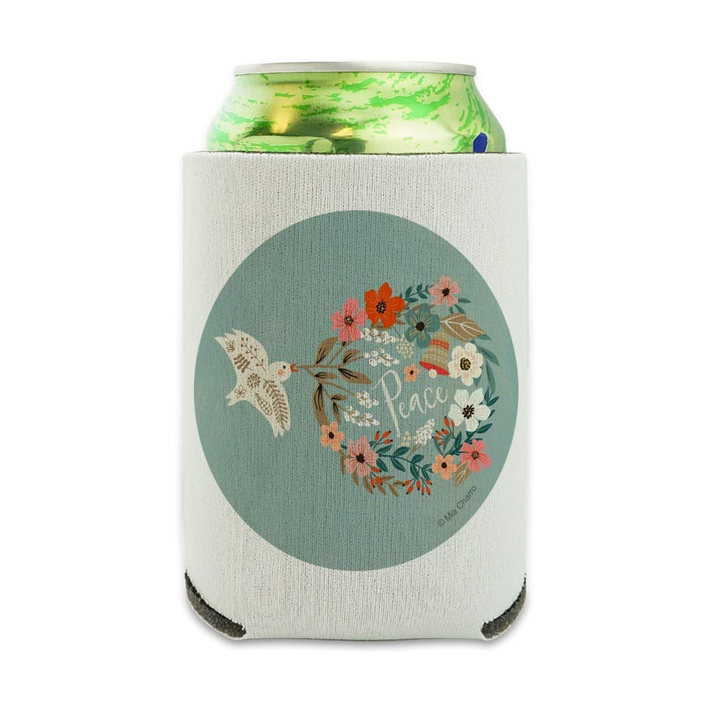 Christmas Peace Wreath Dove Bell Can Cooler - Insulated Collapsible Drink Sleeve for Beer & Soda Cans - Holiday Party, Home Decor & Gift Idea