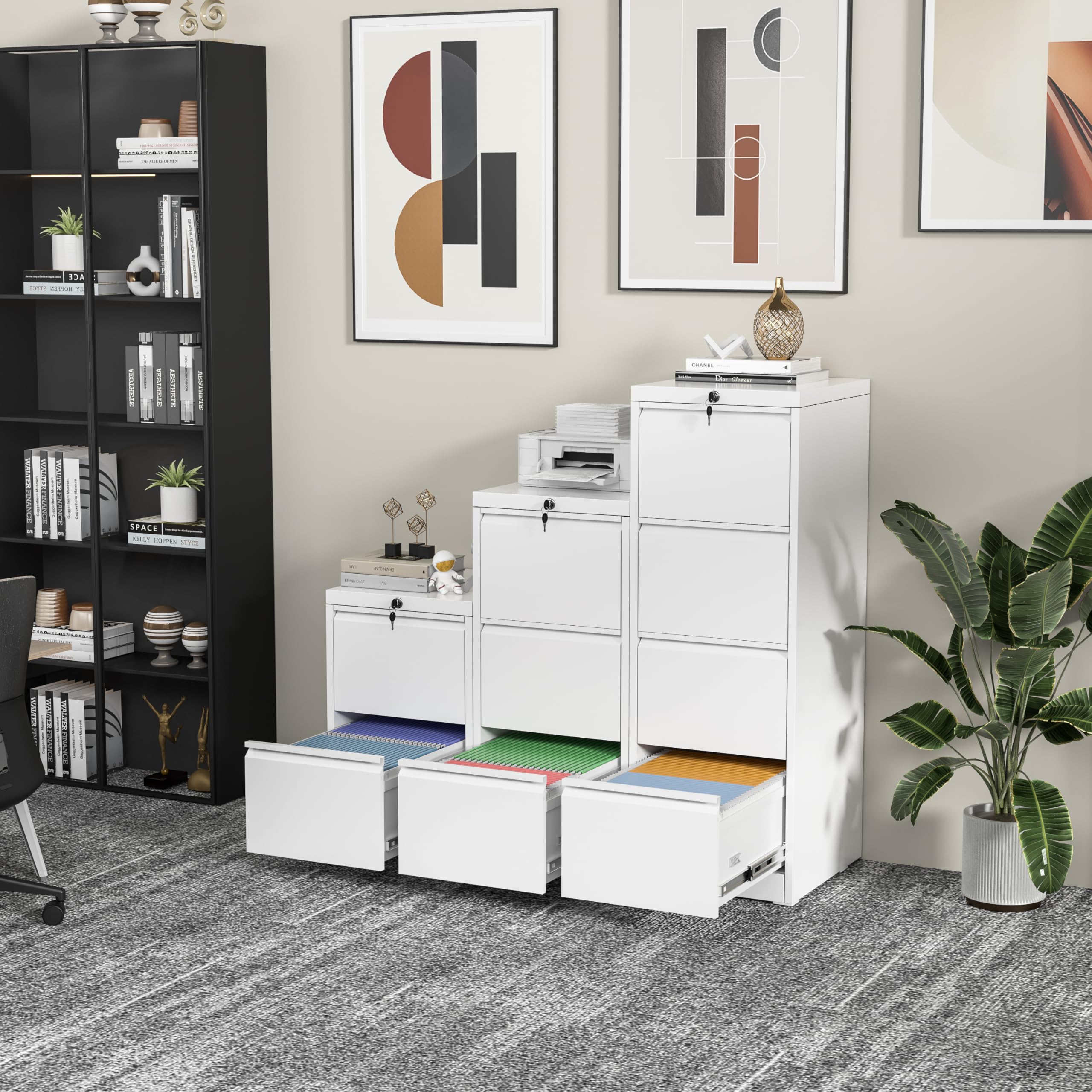 INTERGREAT Tall 3-Drawer File Cabinet - White Metal Locking Filing Cabinet with 4 Adjustable Hanging Frames | Secure Document Storage for Home Office & Business Use | Perfect for Organizing Files, Folders & Office Supplies