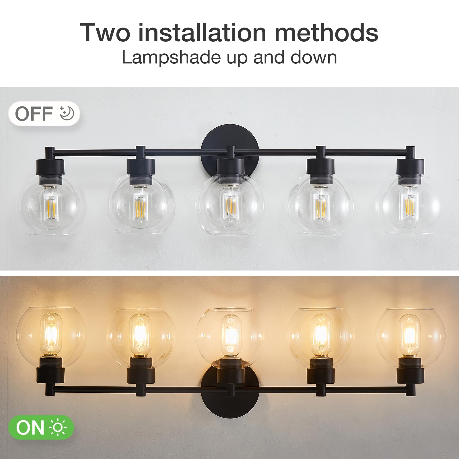 Matte Black 5-Light Bathroom Vanity Light with Globe Glass Shade & Metal Base - Modern Lighting Fixture for Bathroom Mirror, Stairs, Kitchen, Hallway, and Entryway