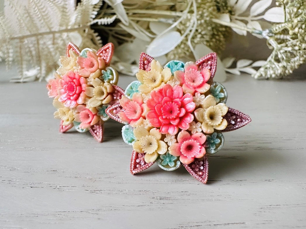 Vintage 1950s Japanese Carved Celluloid Clip-On Earrings - Pink & Blue Retro Floral Design | Perfect for Costume Parties, Vintage Fashion & Gift Giving