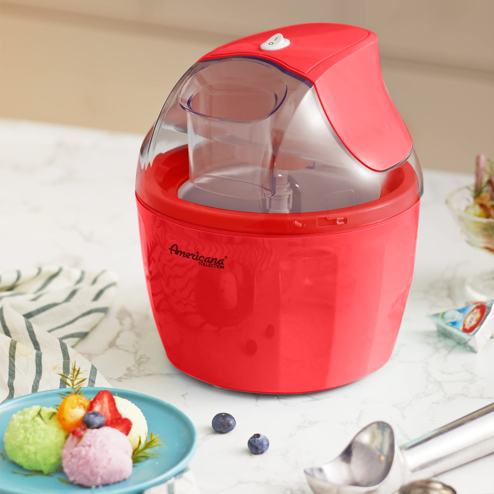 Americana EIM-1400R 1.5 Quart Electric Ice Cream Maker - Automatic Homemade Ice Cream Machine with Freezer Bowl, No Salt Needed - Make Creamy Ice Cream, Gelato, Frozen Yogurt & Sorbet - Includes Recipe Book & Ingredient Chute - Perfect for Parties, Family Gatherings & Summer Treats