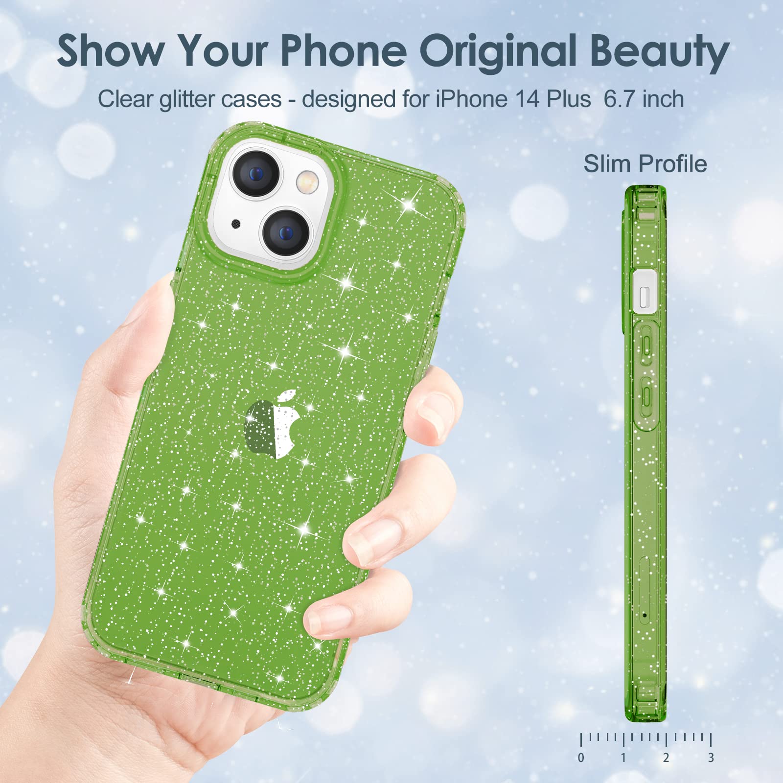 Hython Glitter Case for iPhone 14 Plus - Sparkly Clear TPU Protective Phone Cover with Anti-Scratch & Shockproof Design | Slim Fit Cute Bling Case for Women (Pine Green Glitter) | Perfect for Everyday Use, Parties, and Gift Giving