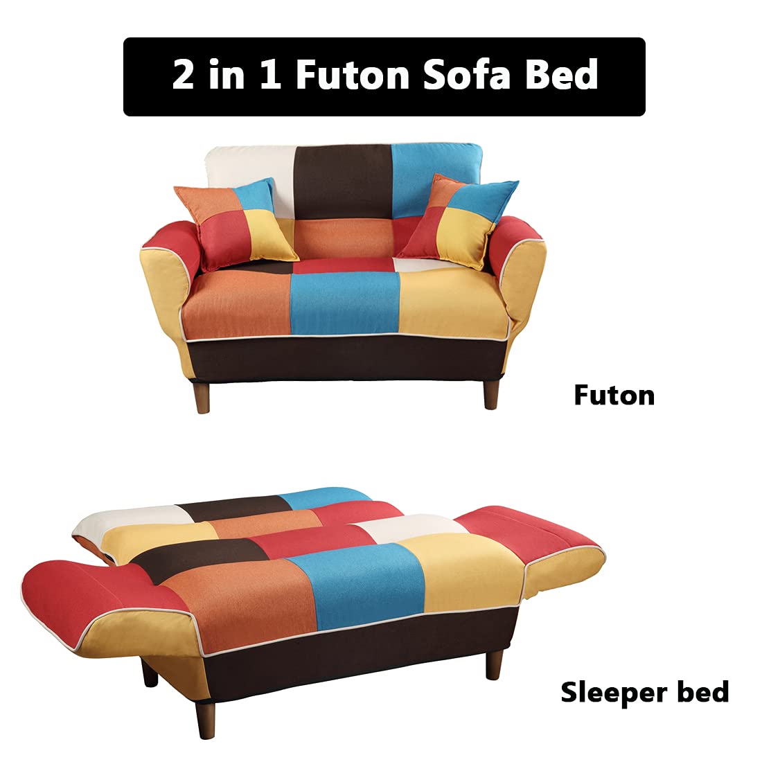 Convertible Futon Sofa Bed with 2 Pillows - Loveseat Sleeper Sofa for Small Spaces, Multi-Functional Recliner Couch with Adjustable Armrests & Wooden Legs, 3-Position Backrest - Perfect for Apartments, Dorms, Guest Rooms & Home Offices (Colorful)