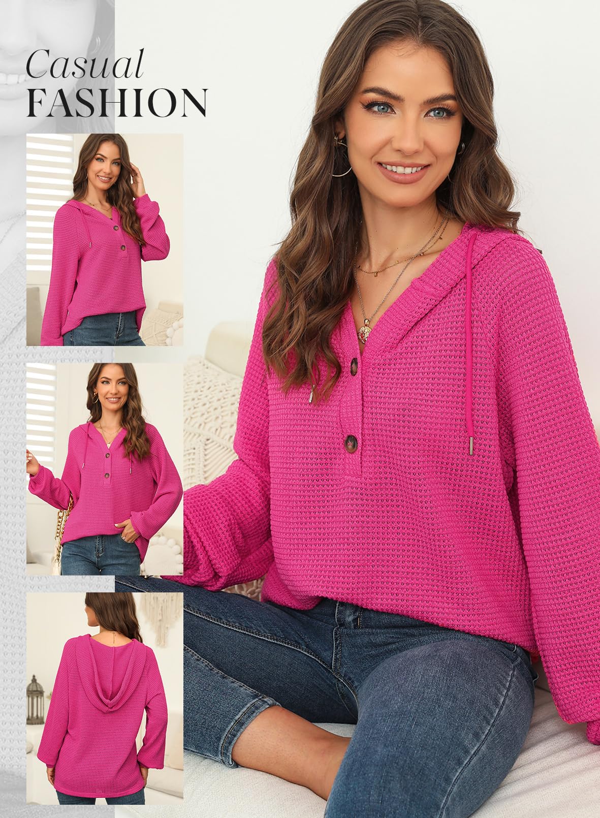 Women's Waffle Knit Hoodie - Long Sleeve Drawstring Button V-Neck Casual Pullover Sweatshirt | Perfect for Fall Layering, Lounge Wear & Outdoor Activities