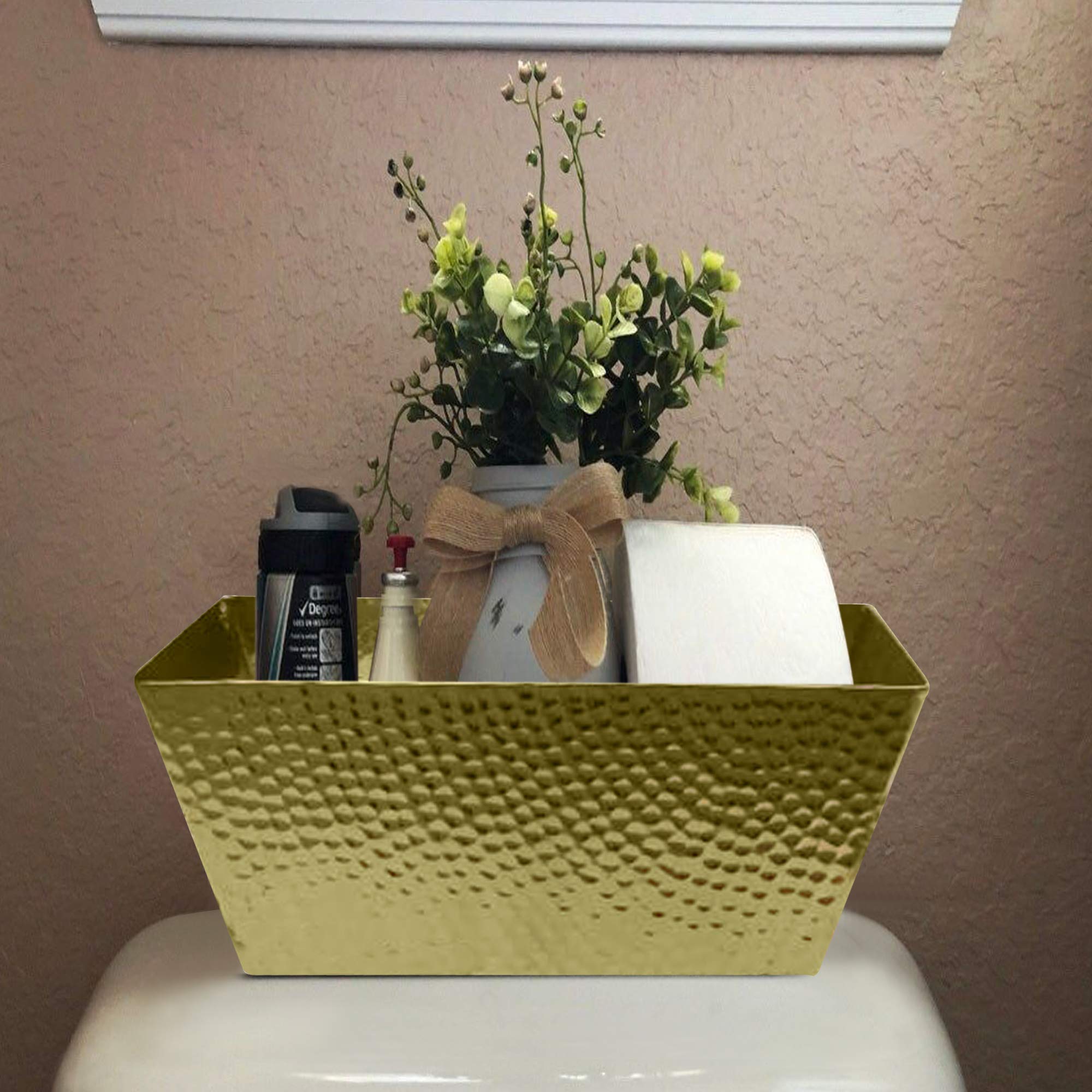 NuSteel Gold Finish Hammered Metal Toilet Tank Tray - Bathroom Countertop Organizer for Cosmetics, Jewelry & Perfume | Multi-Purpose Vanity Storage Bin for Makeup, Cotton Balls & Small Essentials | Perfect for Modern Bathrooms, Bedroom Dressers & Spa-Like Vanities