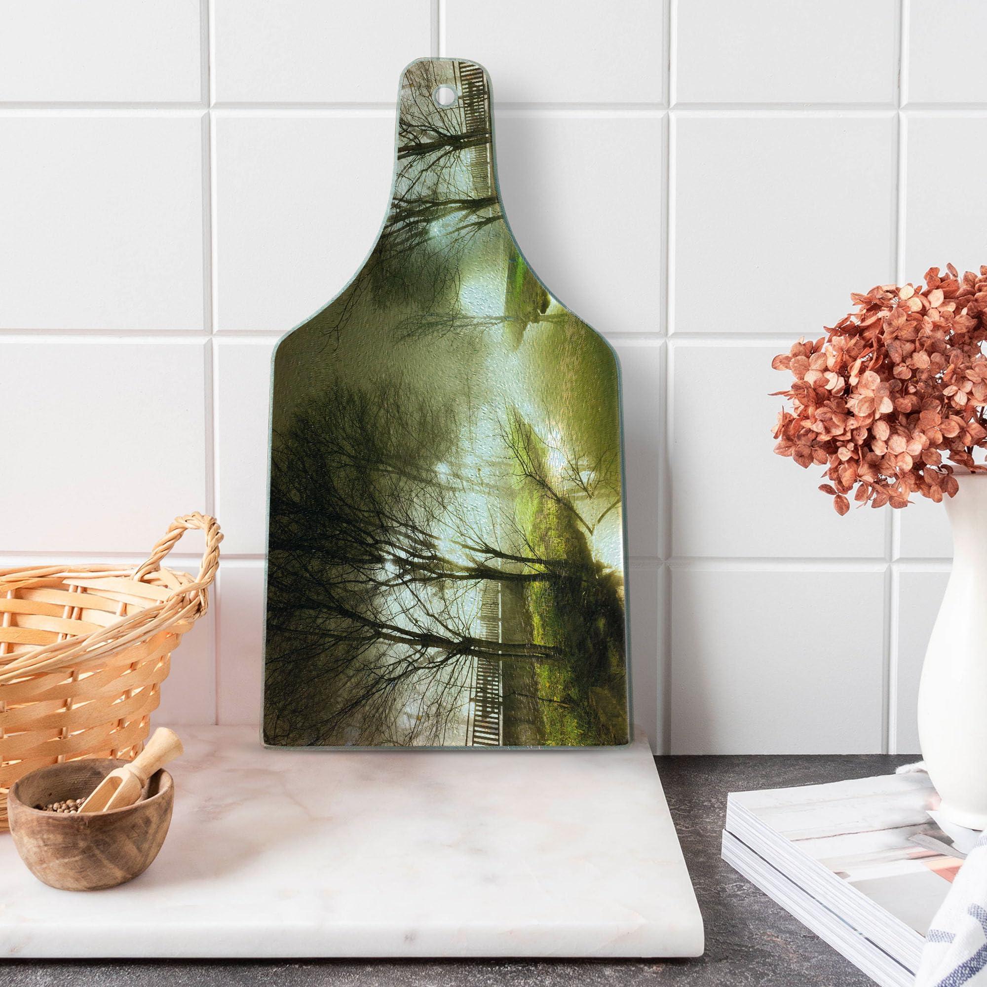 Ambesonne Forest Themed Tempered Glass Cutting Board - Winter Night Trees & Foggy Street Design - Wine Bottle Shape Serving Board for Kitchen & Dining - White Green Brown Decorative Board for Charcuterie, Cheese & Wine Pairing