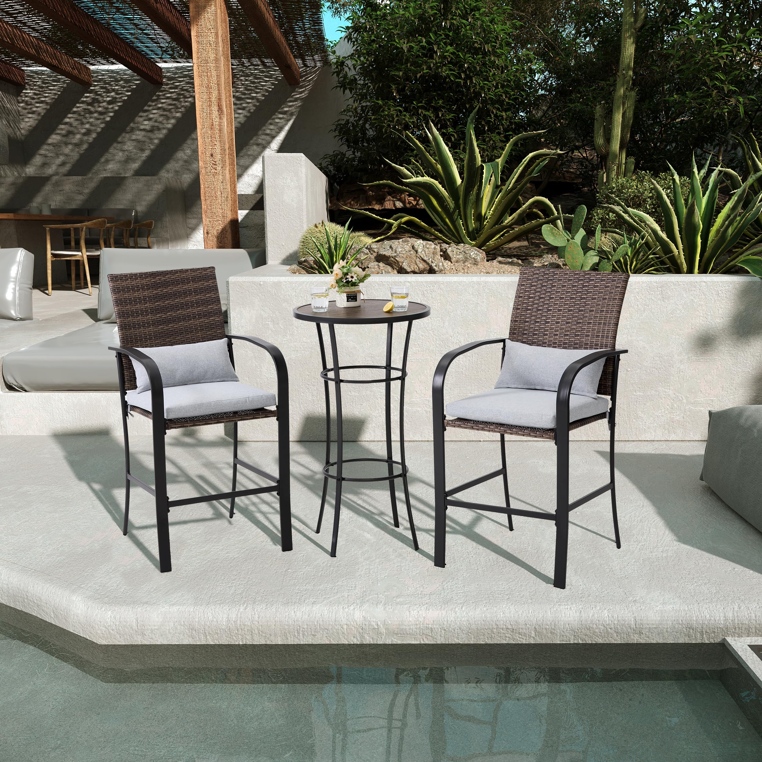 Outdoor Bar Table Set for 2 - Patio Bar Height Table & Chairs with Soft Cushions & Steel Frame in Khaki - Perfect for Backyard, Deck, Garden & Outdoor Entertaining
