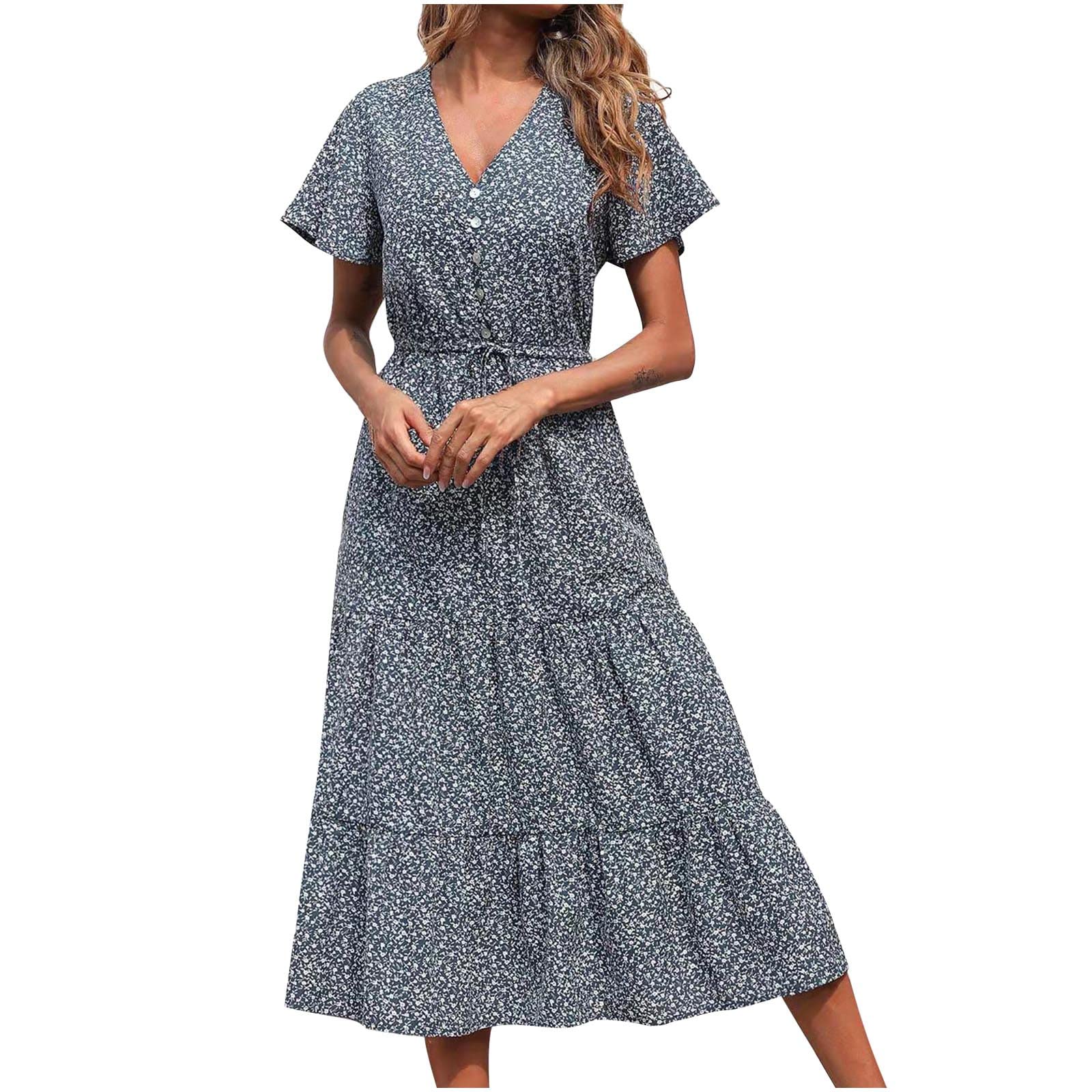 Lekwk Women's Cute Prairie Swing Midi Dress - Flowy Loose Printed Summer Beach Dress for Casual Wear | Perfect for Vacation, Picnic, and Boho Style Outfits