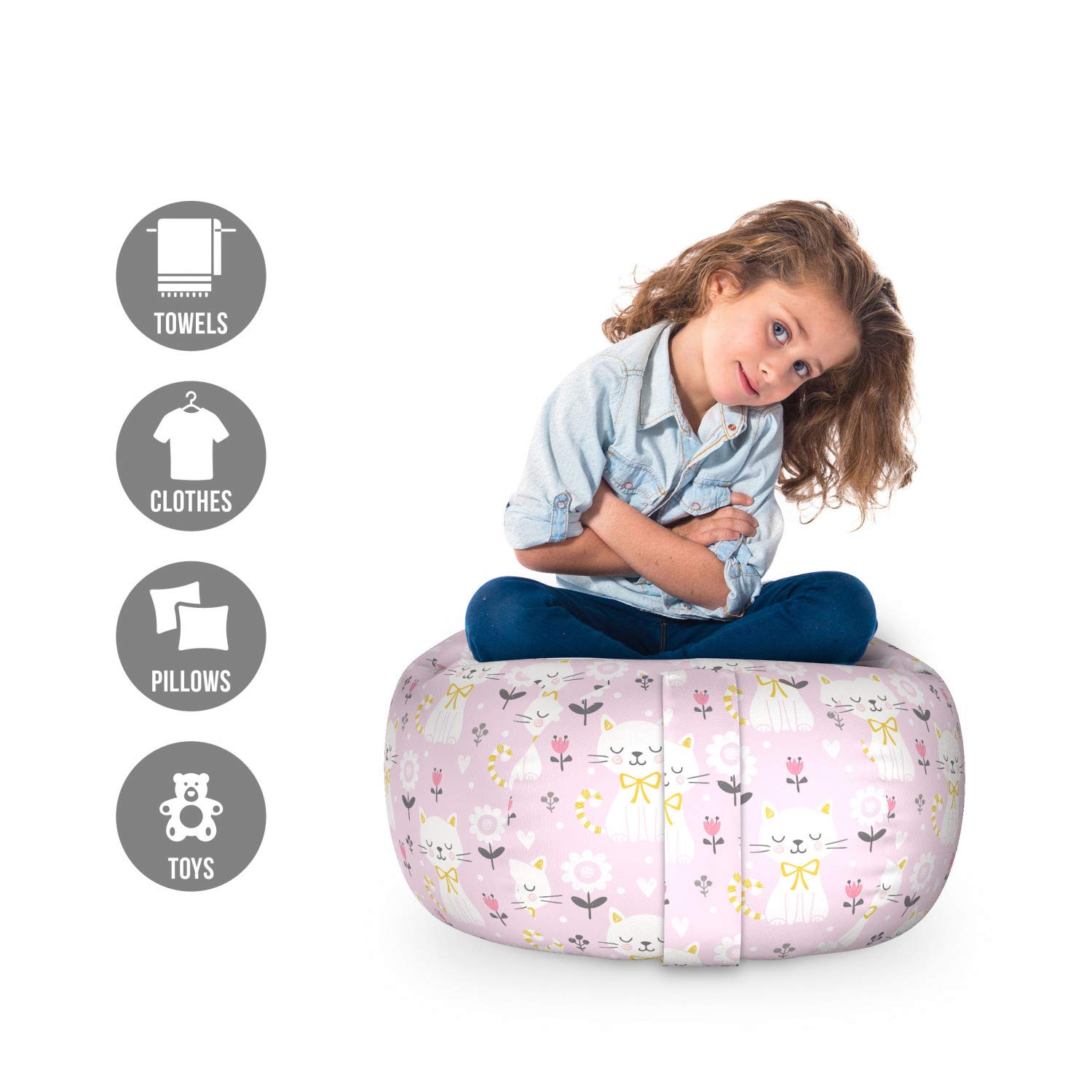 Ambesonne Kitten Storage Toy Bag Chair - Floral Cat Design with Striped Tails & Ribbon - Washable Stuffed Animal Organizer for Kids Room - Small Size in Mauve Pale Pink - Perfect for Nursery, Playroom & Pet Toy Storage