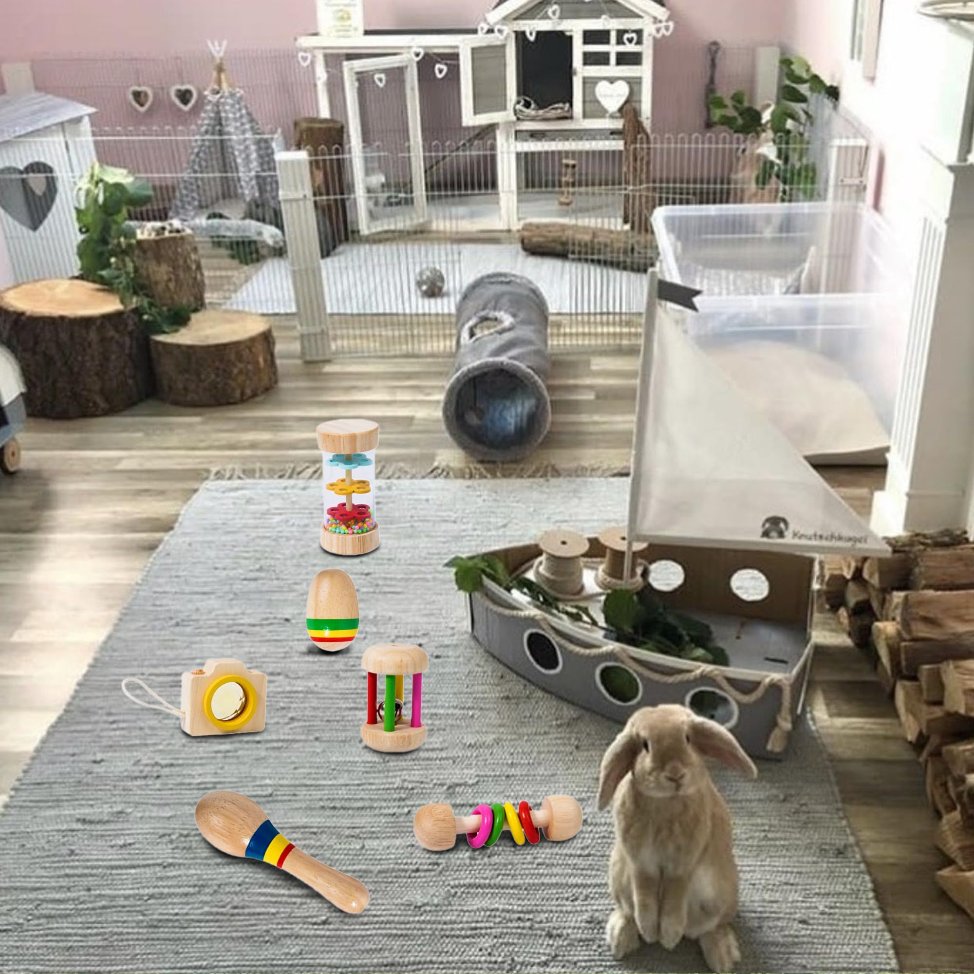 6 Pcs Wooden Bunny Chew Toys for Small Pets - Safe & Bite-Resistant Rabbit Toys for Chinchillas, Hamsters, Guinea Pigs - Natural Teeth Grinding & Playtime Fun - Perfect for Indoor & Outdoor Use, Cage Enrichment, and Small Animal Dental Care