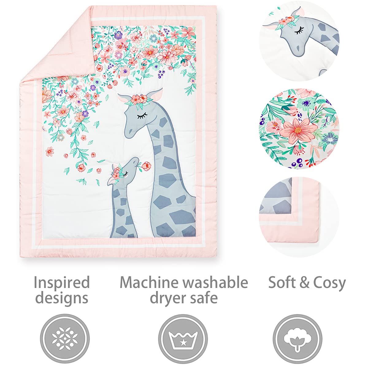 Pink and Grey Princess Baby Girl Crib Bedding Set - 3 Piece Mini Floral Nursery Crib Set for Girls | Soft & Safe Crib Sheets, Fitted Crib Skirt, Bumper | Perfect for Newborn Nursery, Baby Shower Gift, Toddler Bedroom Decor