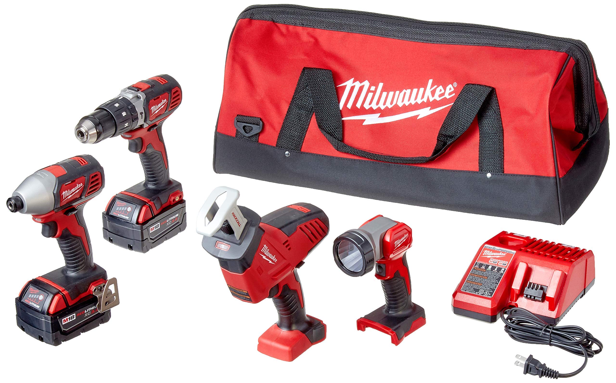 Milwaukee 2695-24 M18 18V Cordless Power Tool Combo Kit - Hammer Drill, Impact Driver, Reciprocating Saw & Work Light with 2 Batteries, Charger & Case (Renewed) | Perfect for Construction, Woodworking & DIY Home Projects