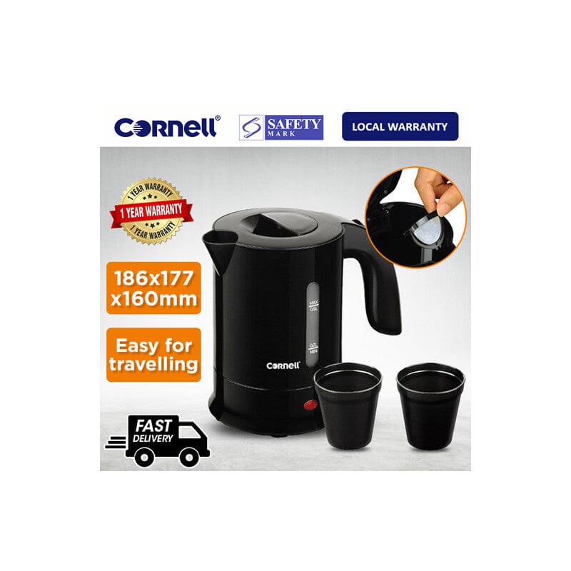Cornell 0.5L Portable Travel Electric Kettle with 2 Cups - Compact Mini Water Boiler for Tea & Coffee - Perfect for Camping, Hotels, Dorms & Office Use - CJK S105TVL