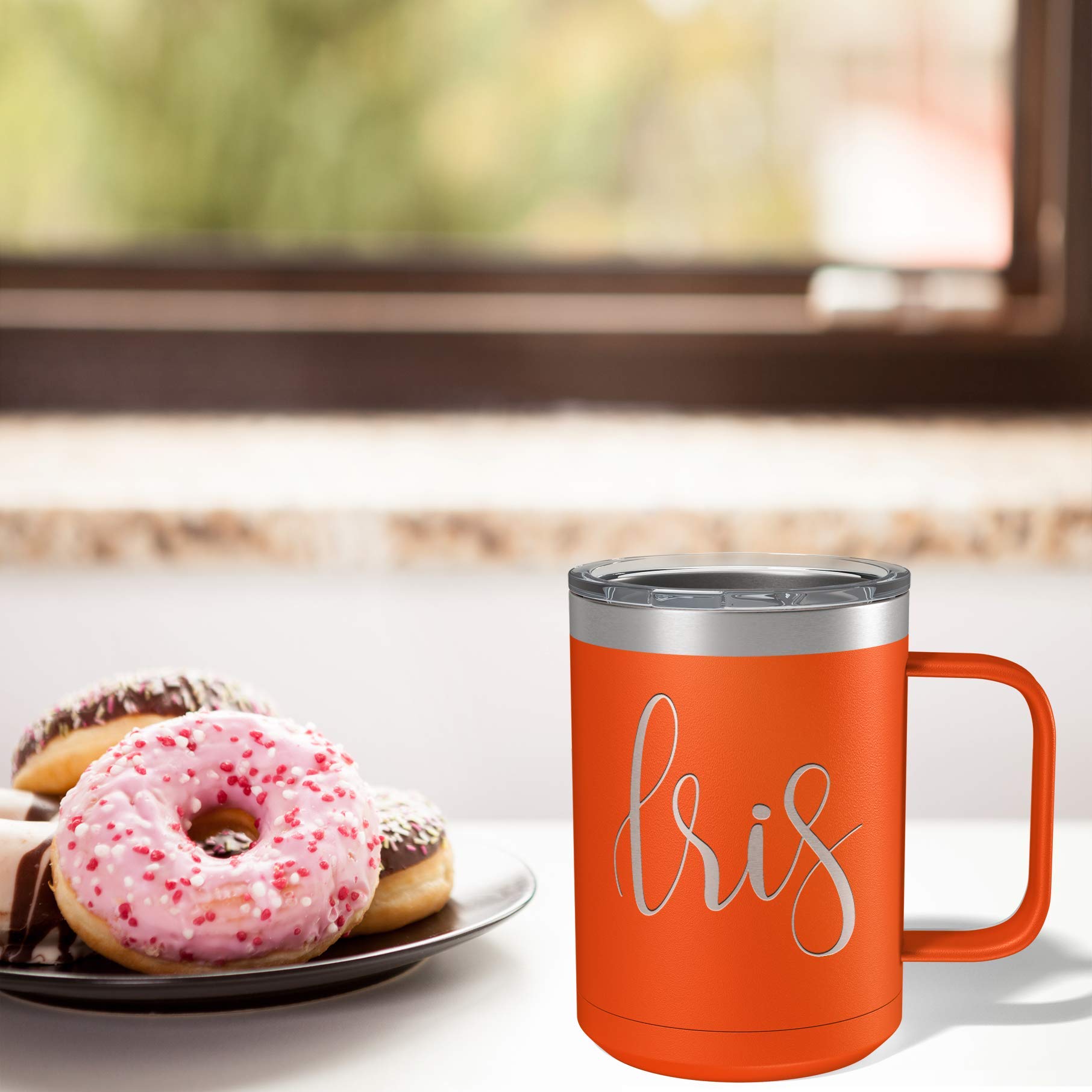 Custom Engraved 15 oz Orange Matte Stainless Steel Vacuum Insulated Coffee Mug - Personalized Gift with Handle for Office, Travel & Home Use