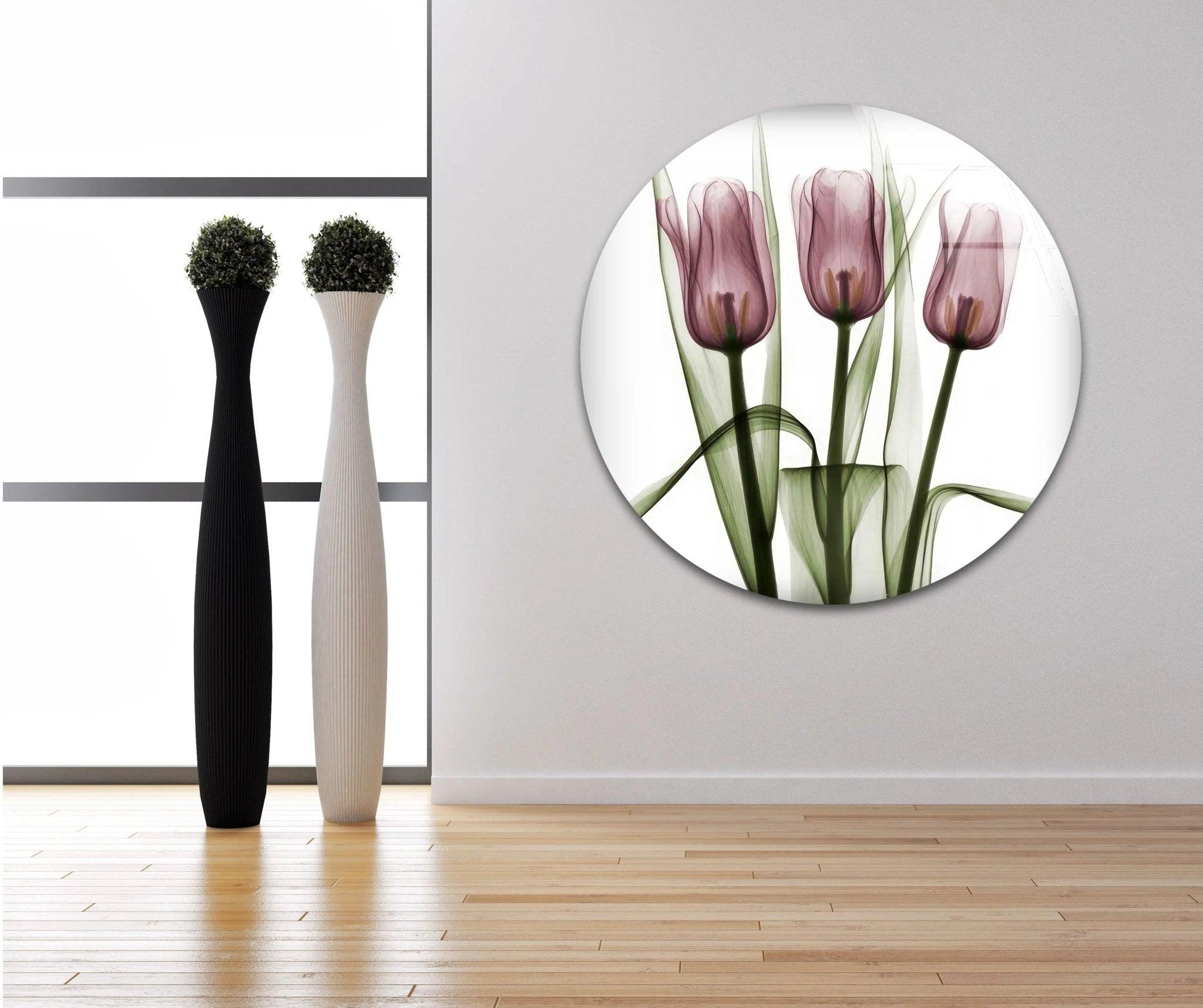 Albert Koetsier Triplet Tulips Stained Glass Wall Art - Handcrafted Floral Home Decor for Living Room, Bedroom & Office