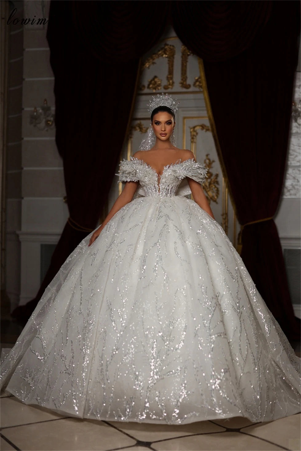 Sparkly Sequined A-Line Wedding Dress with Princess Chapel Train - Elegant Bridal Gown for Romantic Weddings & Formal Events