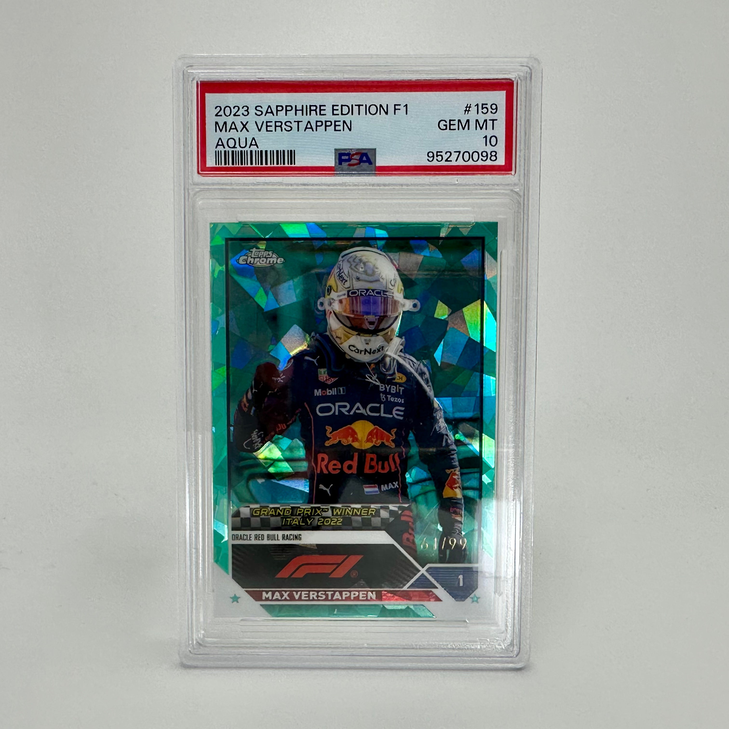 2023 Topps Chrome Sapphire Aqua Max Verstappen #159 PSA 10 61/99 - Rare F1 Racing Card for Collectors & Sports Memorabilia Enthusiasts