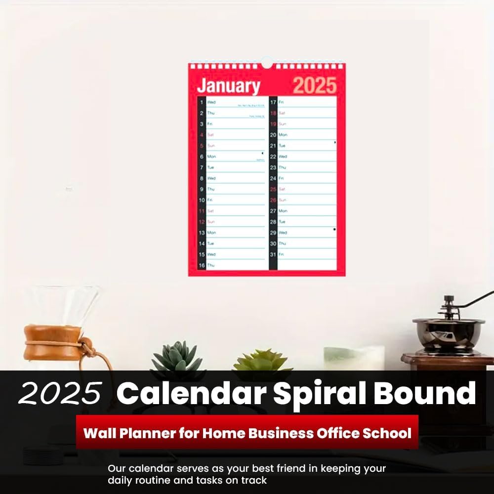 2025 Spiral Bound Wall Calendar - Large A4 2-Column Monthly Planner for Home, Office & School | January to December 2025 | Perfect for Scheduling, Goal Tracking & Organization