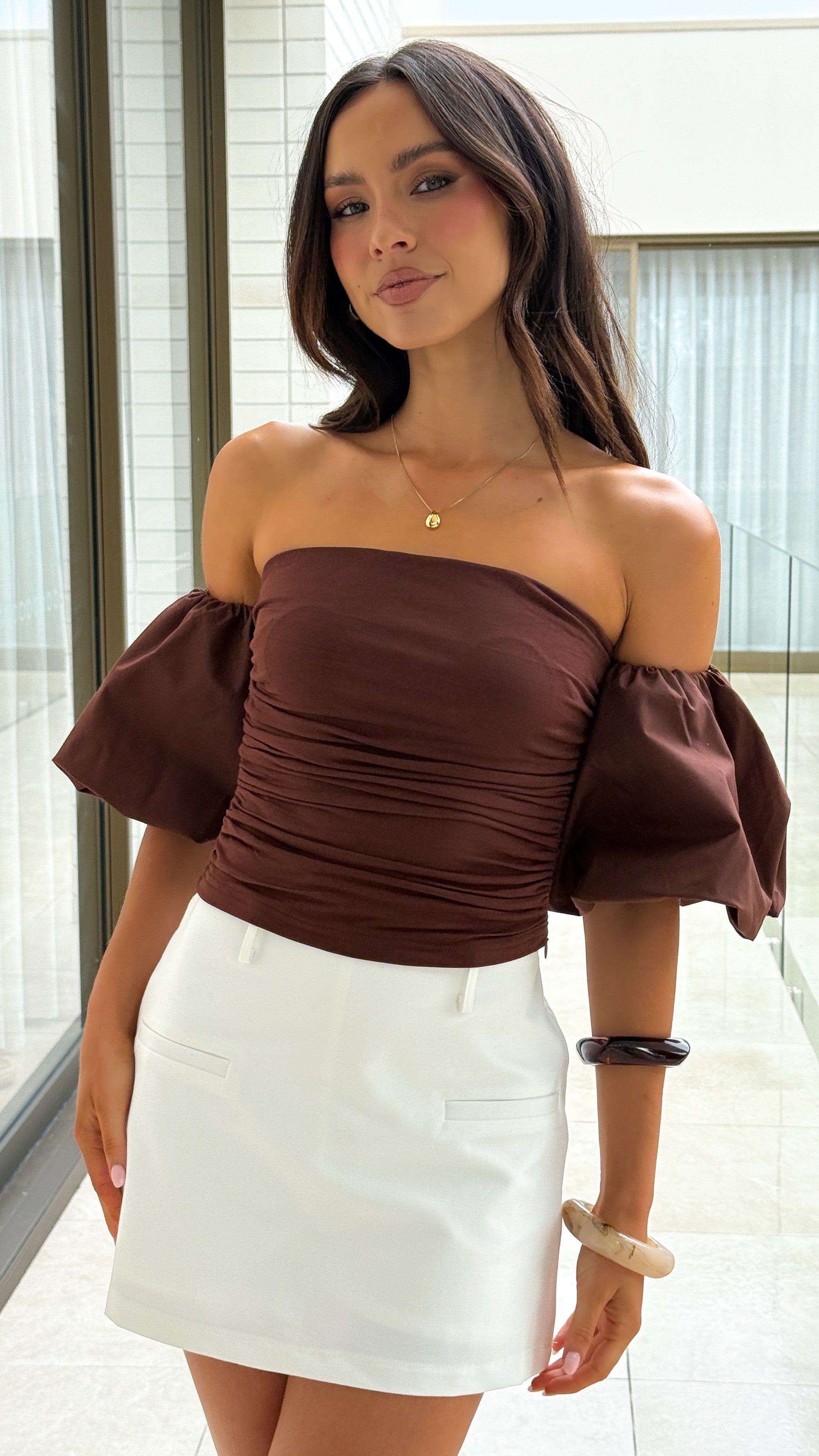 Florence Crop Top Women's Fashion Brown Short Sleeve Shirt - Perfect for Summer Outfits, Beachwear & Casual Style
