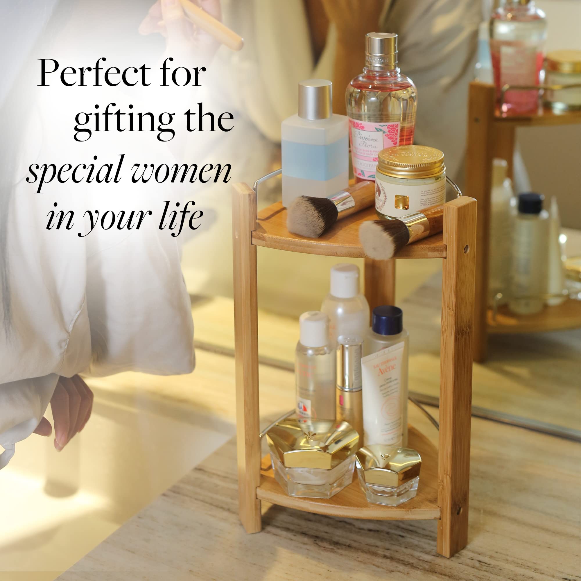 GOBAM Bamboo Shower Corner Caddy - 2 Tier Standing Shower Organizer for Shampoo, Conditioner, Soap & Beauty Products - Bathroom Storage Shelf for Kitchen, Bedroom or Office - Perfect for Small Spaces & Clutter-Free Showers