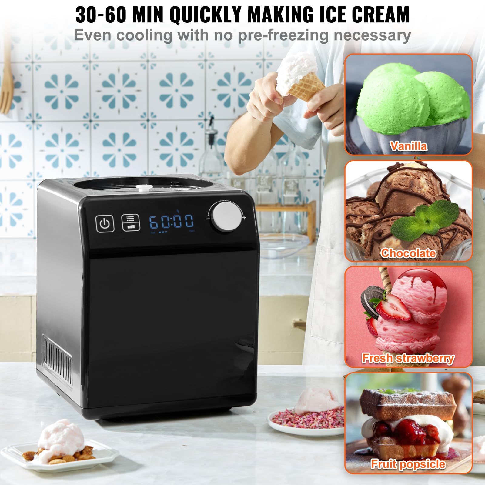 VEVOR 2 Quart Automatic Ice Cream Maker with Built-in Compressor, No Pre-Freezing Yogurt & Sorbet Machine, Stainless Steel Electric Gelato Maker with Digital Display & Timer - Perfect for Home Desserts, Parties, and Frozen Treats