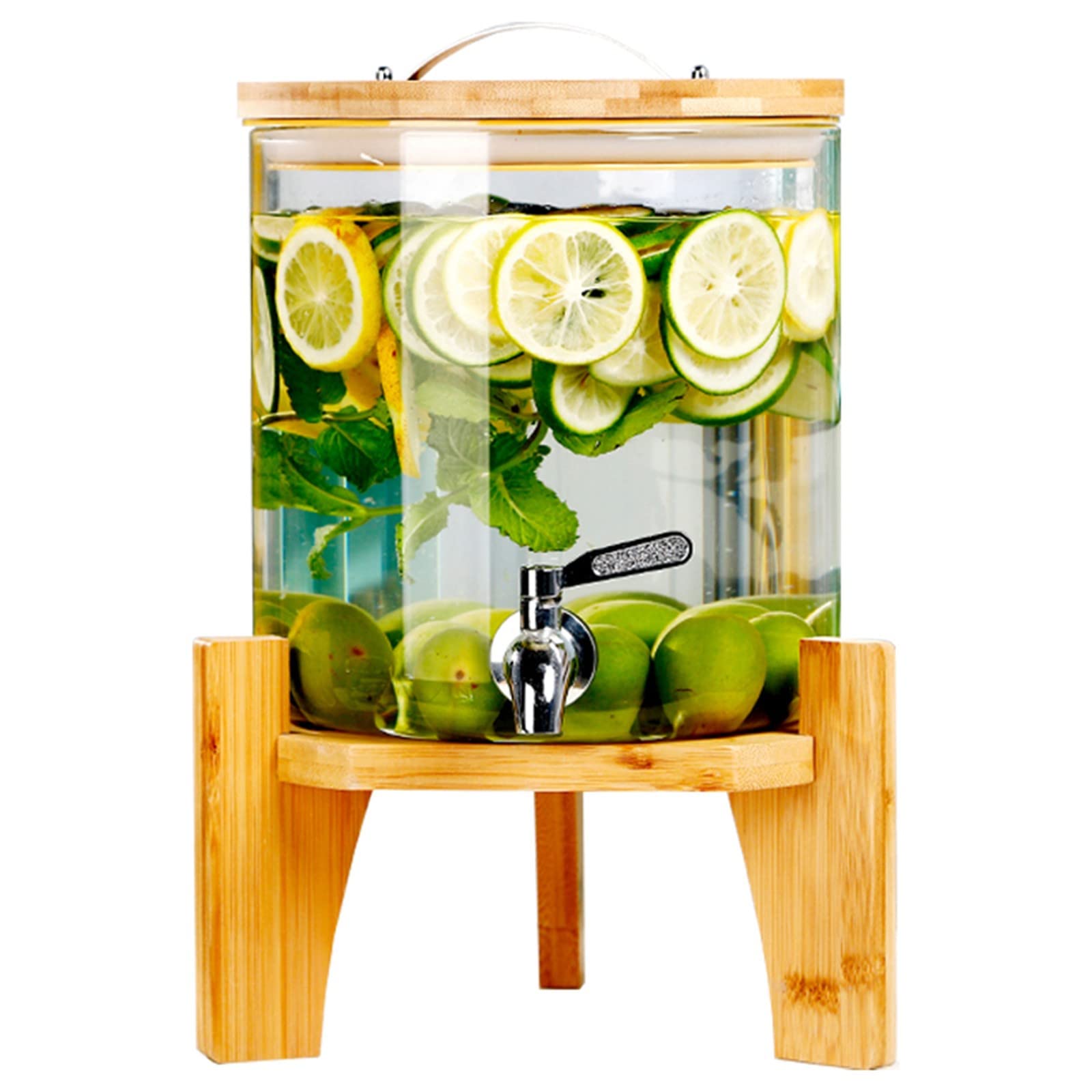 BOVDC 5L Glass Beverage Dispenser with Tap, Lid & Wooden Stand - Wide Mouth Juice & Cocktail Dispenser for Hot/Cold Drinks - Perfect for Parties, Weddings & Home Entertaining (20cm Diameter)