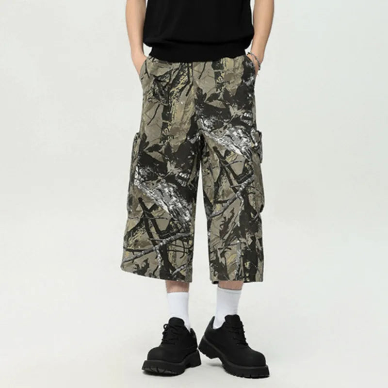 American Style Men's Graffiti Print Cropped Trousers - Summer Fashion Casual Straight Wide Leg Shorts for Men in Camouflage Color (9C6630) | Perfect for Streetwear, Beach Outings & Summer Festivals