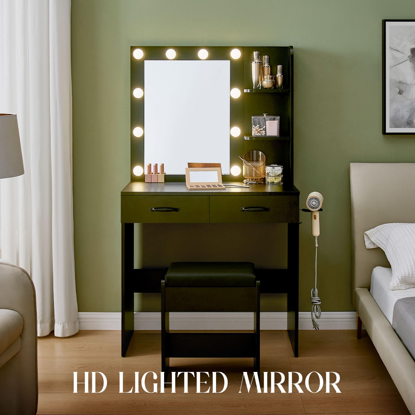 Vanity Desk with Mirror and Lights - Modern Dressing Table with LED Lights, Adjustable Brightness for Makeup & Skincare - Perfect for Bedroom, Dorm, or Salon (White)
