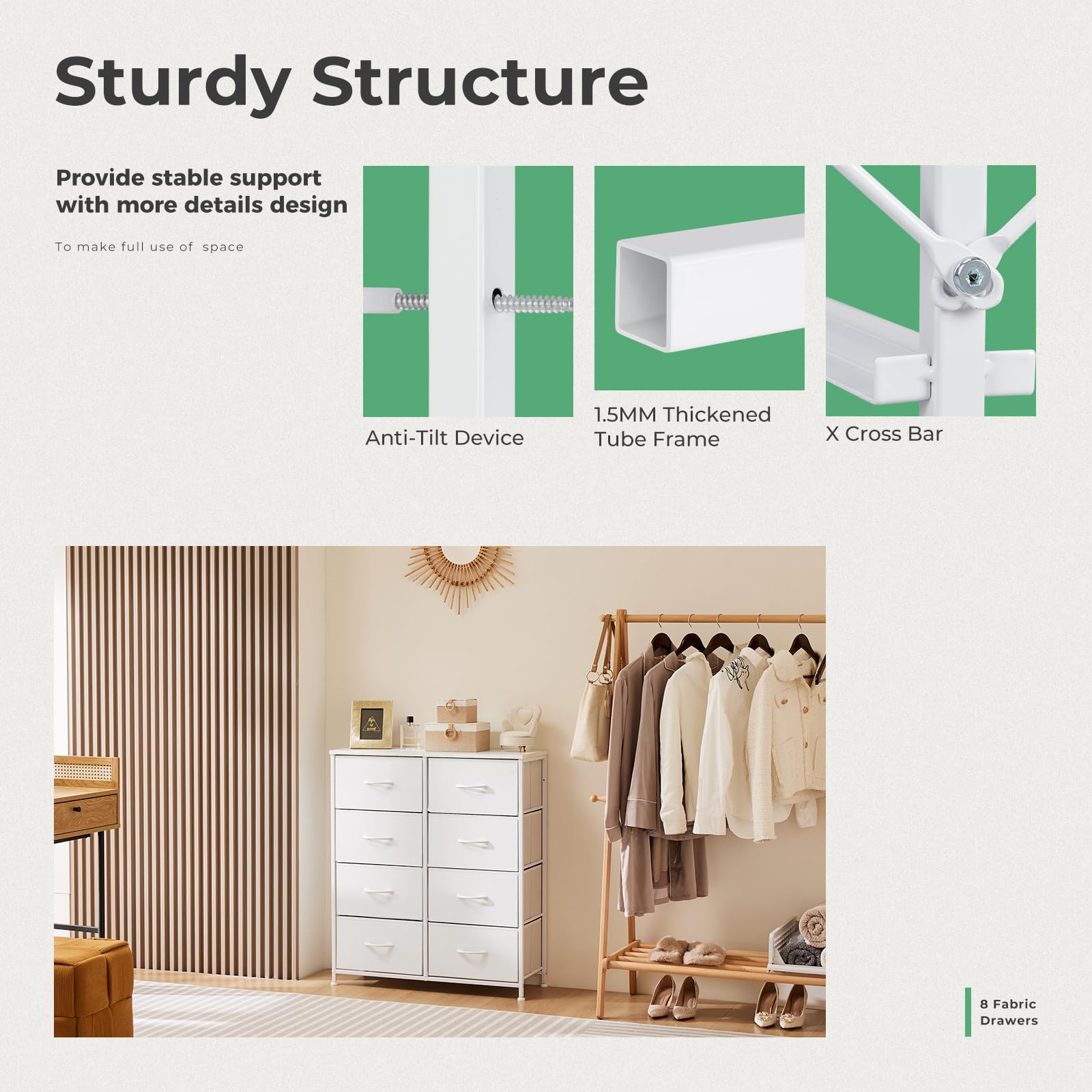 DUMOS 8-Drawer Fabric Dresser for Bedroom - Tall Clothing Storage Organizer with Cabinet | Wooden Top & Metal Frame | Lightweight Nursery Furniture for Kids Room & Closet | Perfect for Baby Clothes, Toys & Home Organization (White)