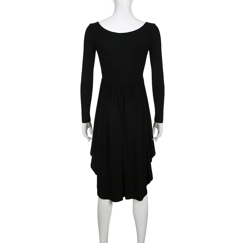 Elegant Black Off-Shoulder Asymmetrical Party Dress for Women - Midi Pleated Club Dress with Solid Color & Folds - Perfect for Autumn Events, Night Out & Special Occasions