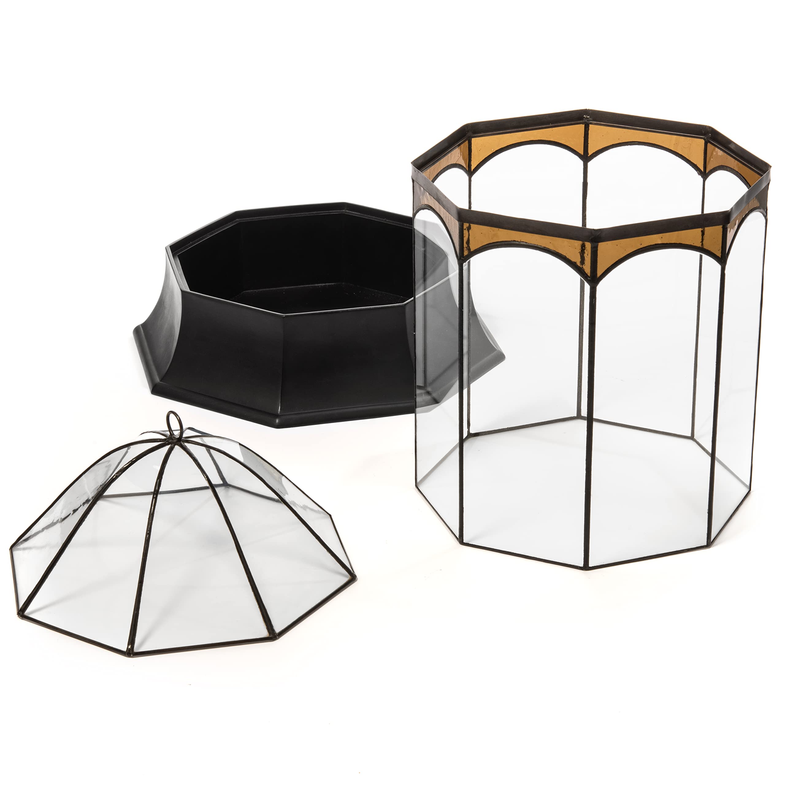 H Potter 8-Sided Terrarium Wardian Case with Curved Glass & Brown Accents - Large Glass Greenhouse for Plants, Succulents & Home Decor | Perfect for Indoor Gardening, Office Decor & Gift Ideas