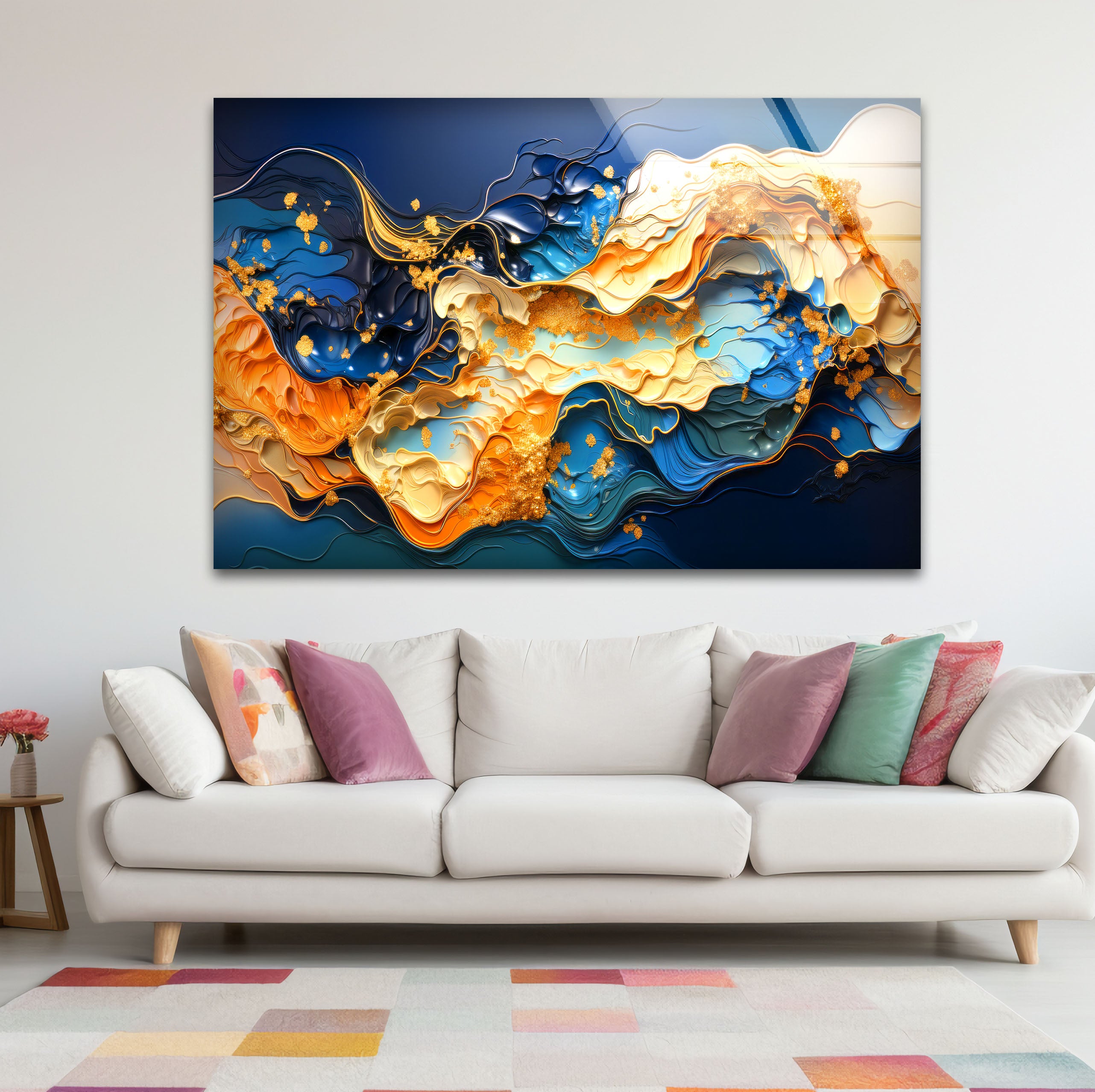 Blue Gold Abstract Wave Wall Art - Modern Fluid Glass Print for Home & Office Decor | Elegant Interior Design for Living Room, Bedroom & Office Spaces