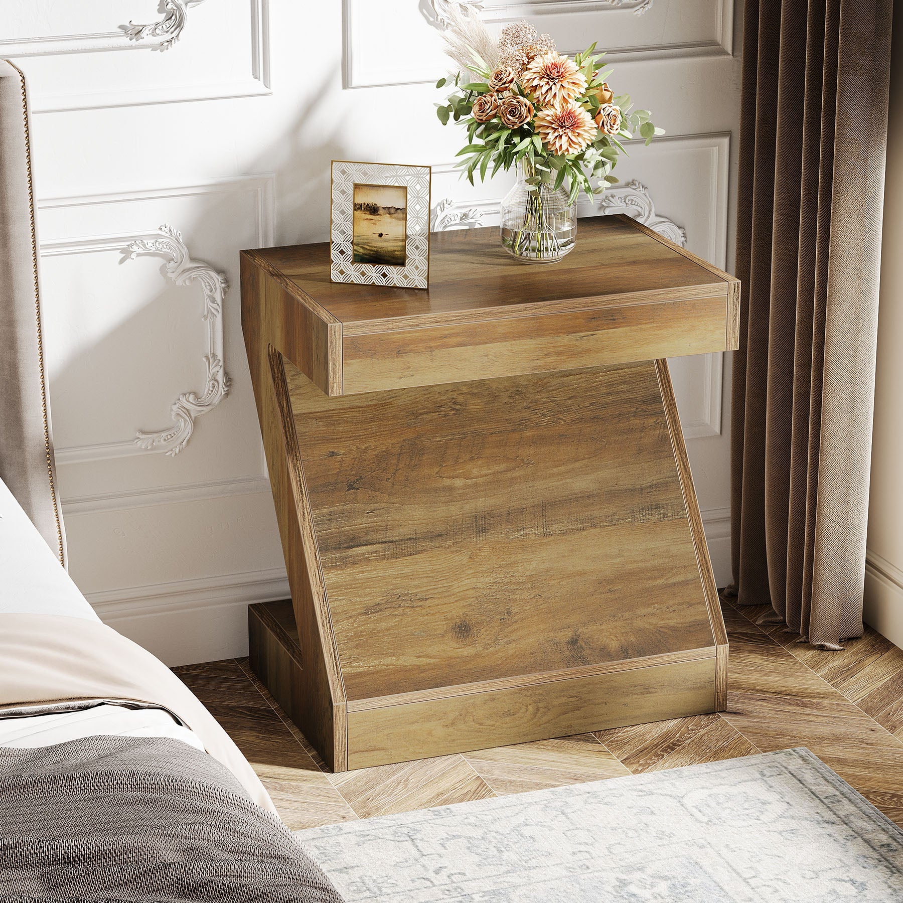 Modern Z-Shaped Wooden End Table - Stylish Nightstand for Bedroom, Living Room | Compact Side Table for Small Spaces, Home Decor & Storage Solution