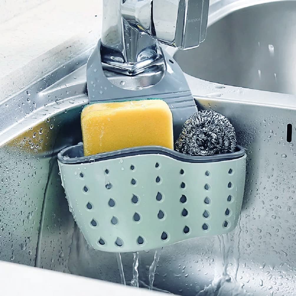 Double Decker Sink Caddy Sponge Holder with Drain Hole - Hanging Kitchen Faucet Basket for Sponges & Soap (Light Blue) | Perfect for Small Kitchen Organization & Sink Storage