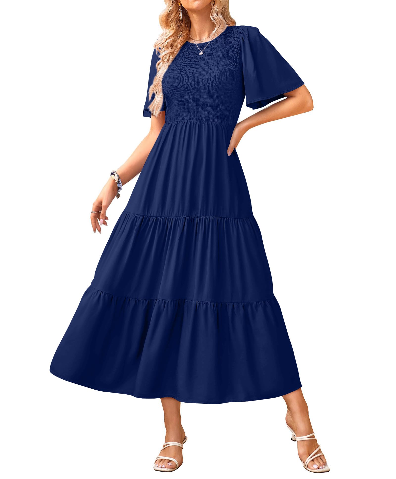 KIRUNDO Women's Flutter Sleeve Smocked Tiered A-Line Midi Dress - Casual Summer Dress for Spring/Summer 2025 - Perfect for Beach Vacations, Date Nights & Outdoor Parties