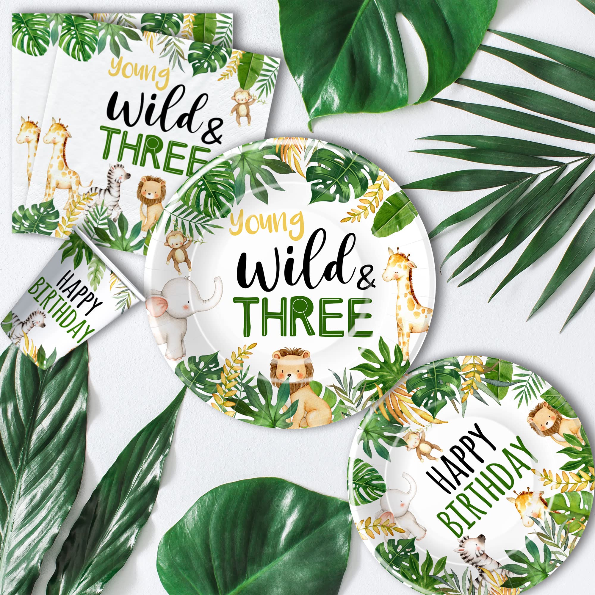Jungle Animal 3rd Birthday Party Supplies - Wild & Three Decorations Set for Safari Theme (24-Pack) | Includes Tableware, Paper Plates, Napkins, Tablecloth & Forks | Perfect for Kids Birthday Parties, Baby Showers & Zoo-Themed Events