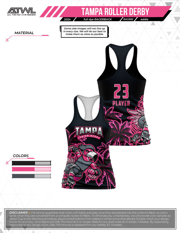 Tampa Roller Jr Derby Black Full Dye Women's Racerback Jersey - Breathable Performance Shirt for Roller Skating, Derby Competitions & Sports Events