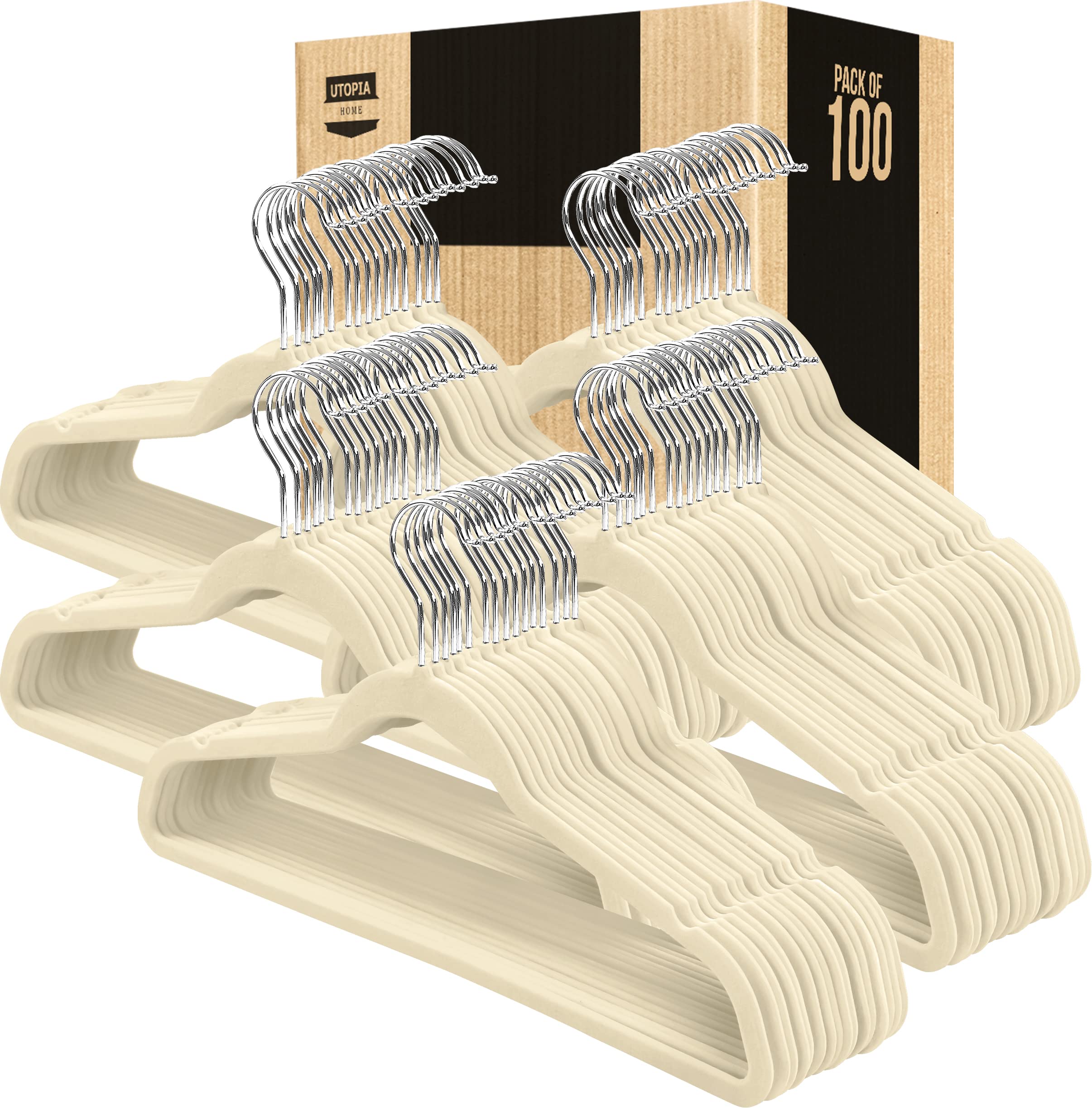 100 Pack Utopia Home Velvet Non-Slip Clothes Hangers - 360° Rotatable Heavy Duty Coat & Pants Hangers in Ivory | Perfect for Closet Organization, Space Saving & Delicate Garment Care