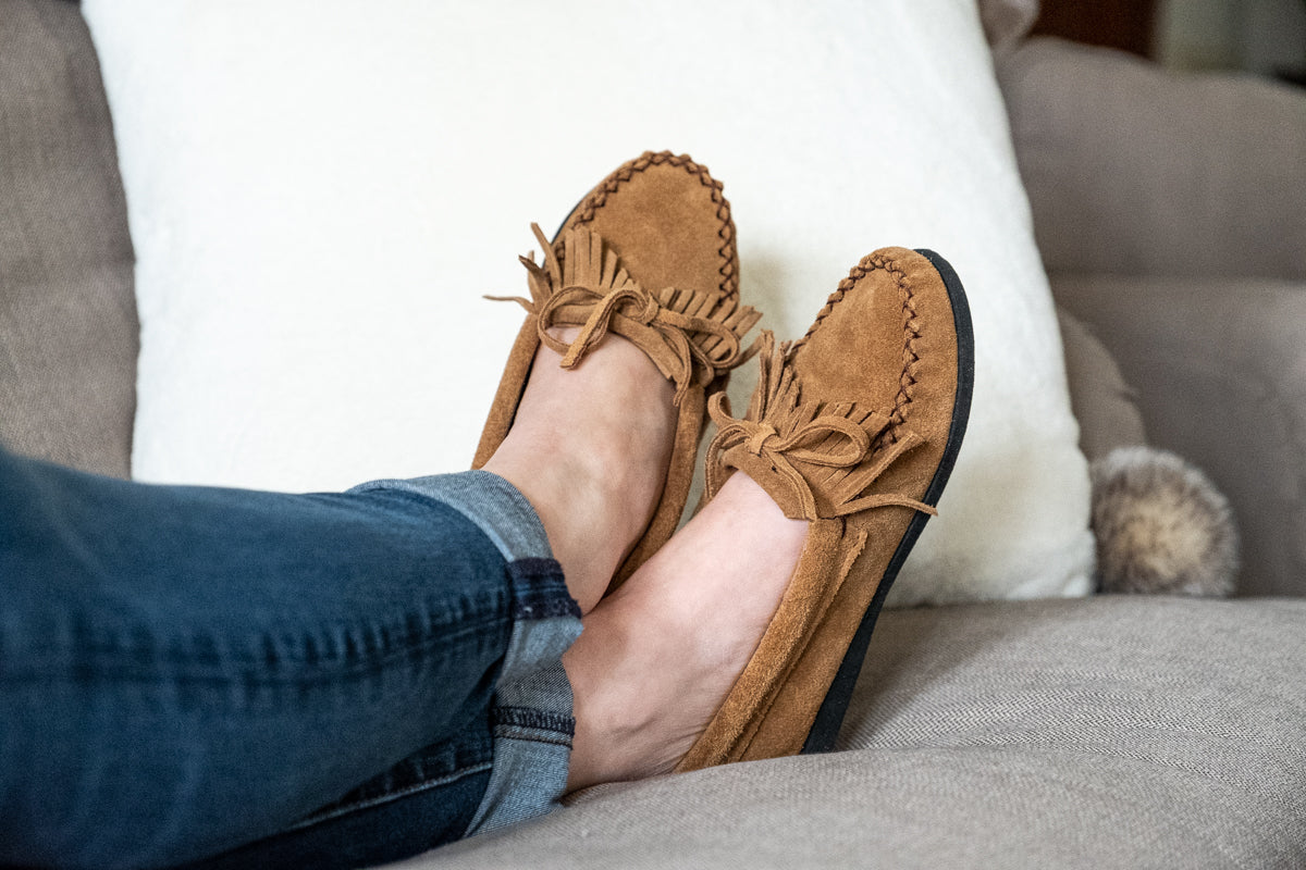 Women's Gray Suede Moccasins with Fringe Detail & Rubber Sole - Comfortable Slip-On Shoes for Casual Wear, Travel & Home