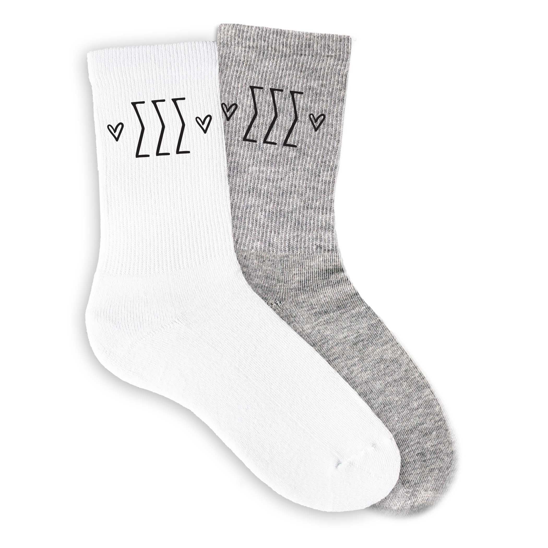 Sigma Sigma Sigma Sorority Socks - Greek Letter Crew Socks with Heart Designs in White, Pink & Heather Gray - Perfect for Sorority Events, College Gifts & Greek Life Apparel