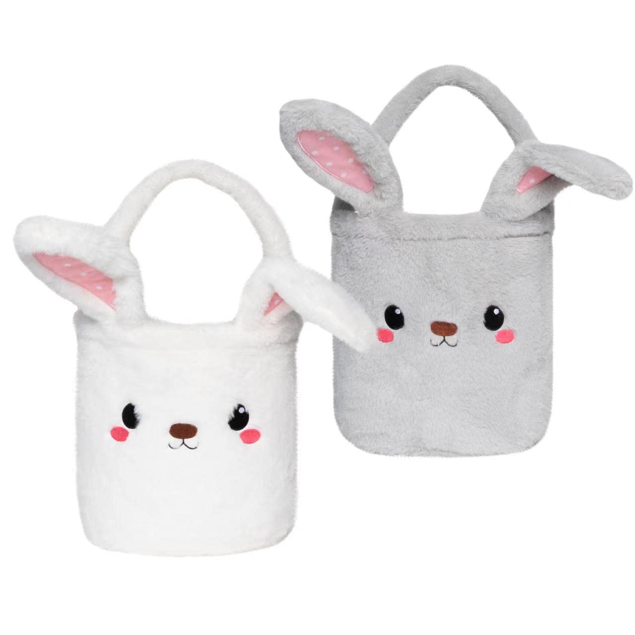 LUBOT 2 Pack Fluffy Bunny Easter Basket for Kids - Foldable Ears Easter Egg Hunt Bucket for Boys & Girls - Cute Easter Decorations for Home, Party & Spring Celebrations