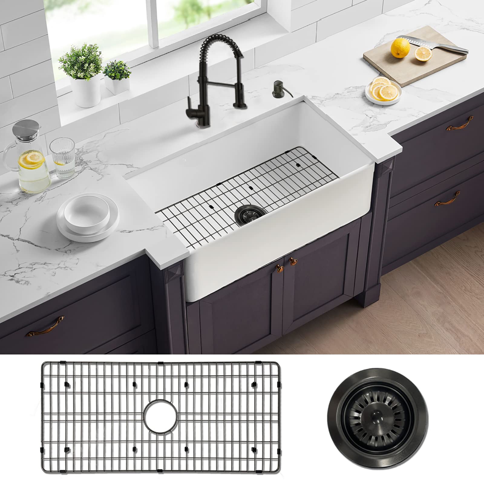 Modern White Farmhouse Apron-Front Kitchen Sink - True Fireclay Undermount Sink with Durable Grid & Strainer Included | Perfect for Rustic & Contemporary Kitchen Designs
